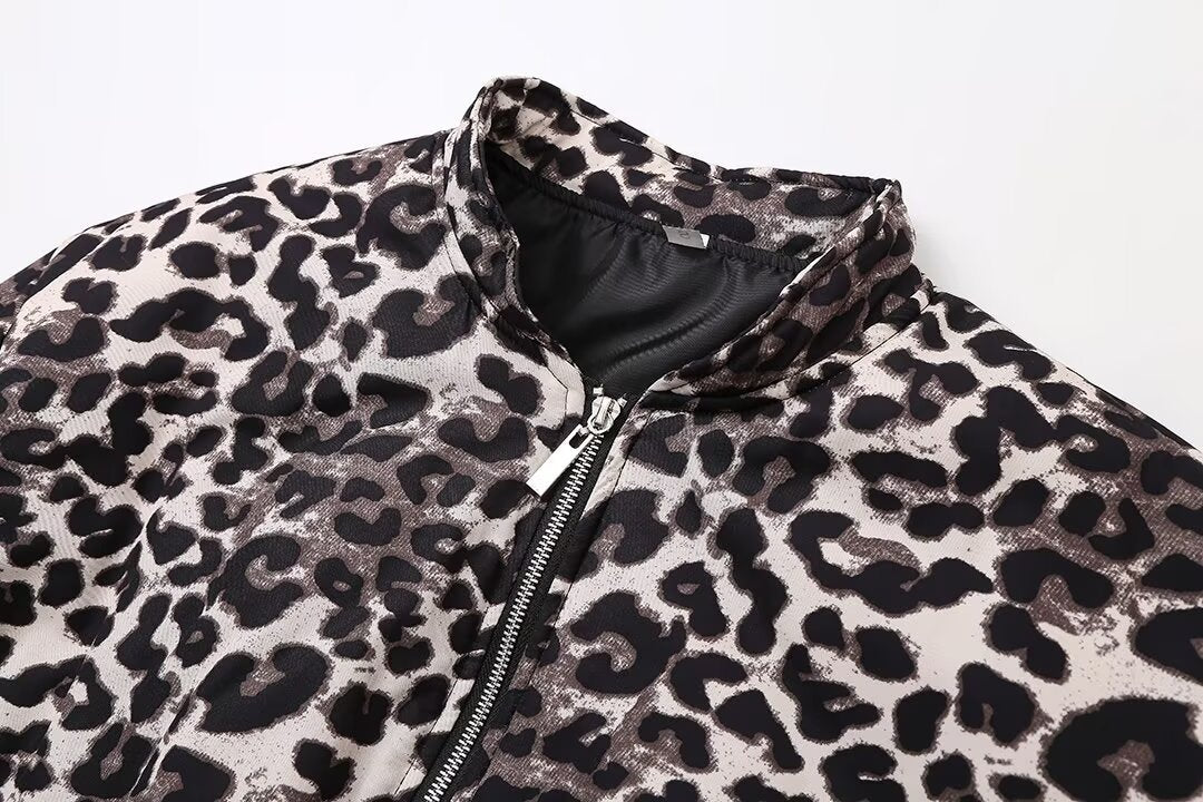 Vintage Leopard Print Zip-Up Winter Jacket