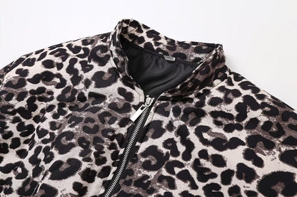 Vintage Leopard Print Zip-Up Winter Jacket