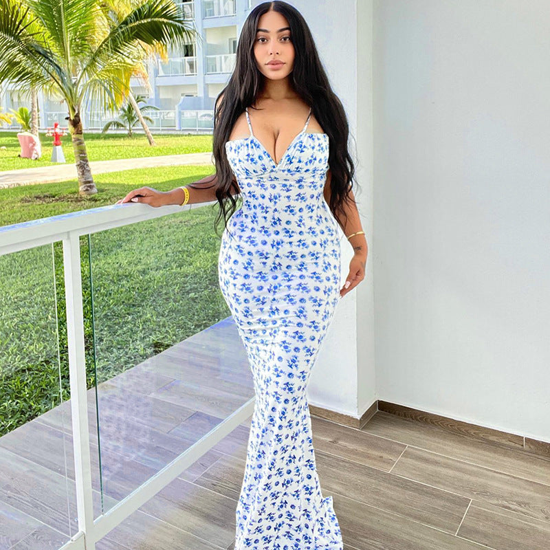 Floral Print Maxi Dress Adjustable Strap Elegant Casual Dress