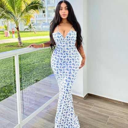 Floral Print Maxi Dress Adjustable Strap Elegant Casual Dress