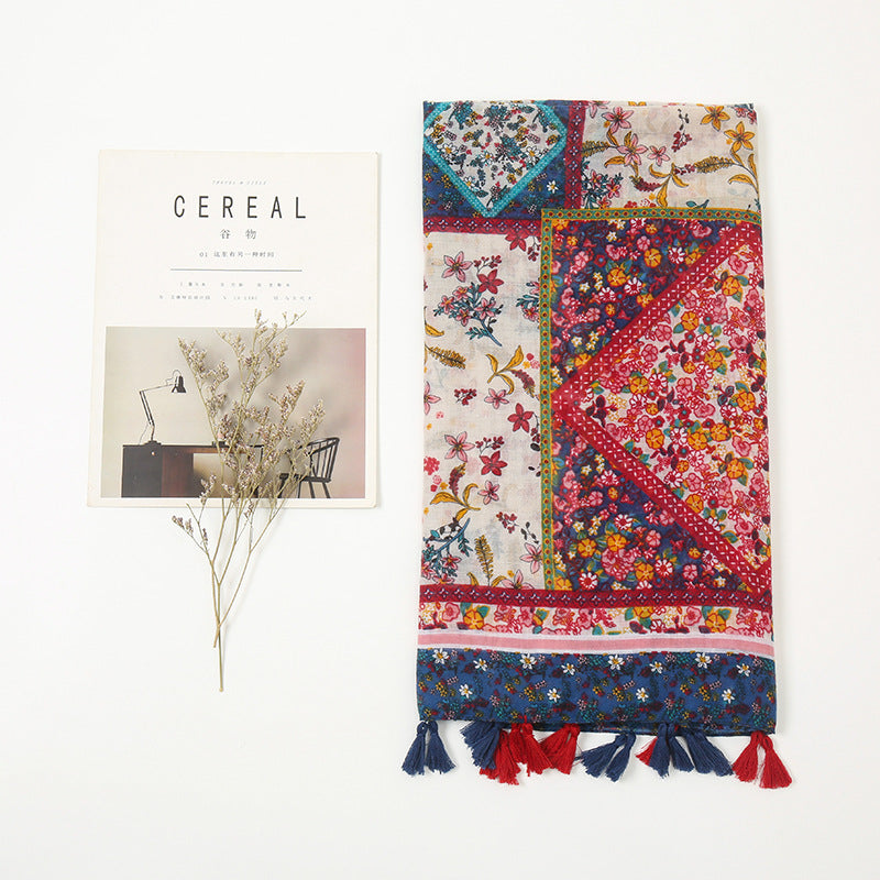 New Retro Fragmented Flower Art Cotton Linen Scarf For Women Thin Bohemian Print Splice Cashew Nut Ethnic Style