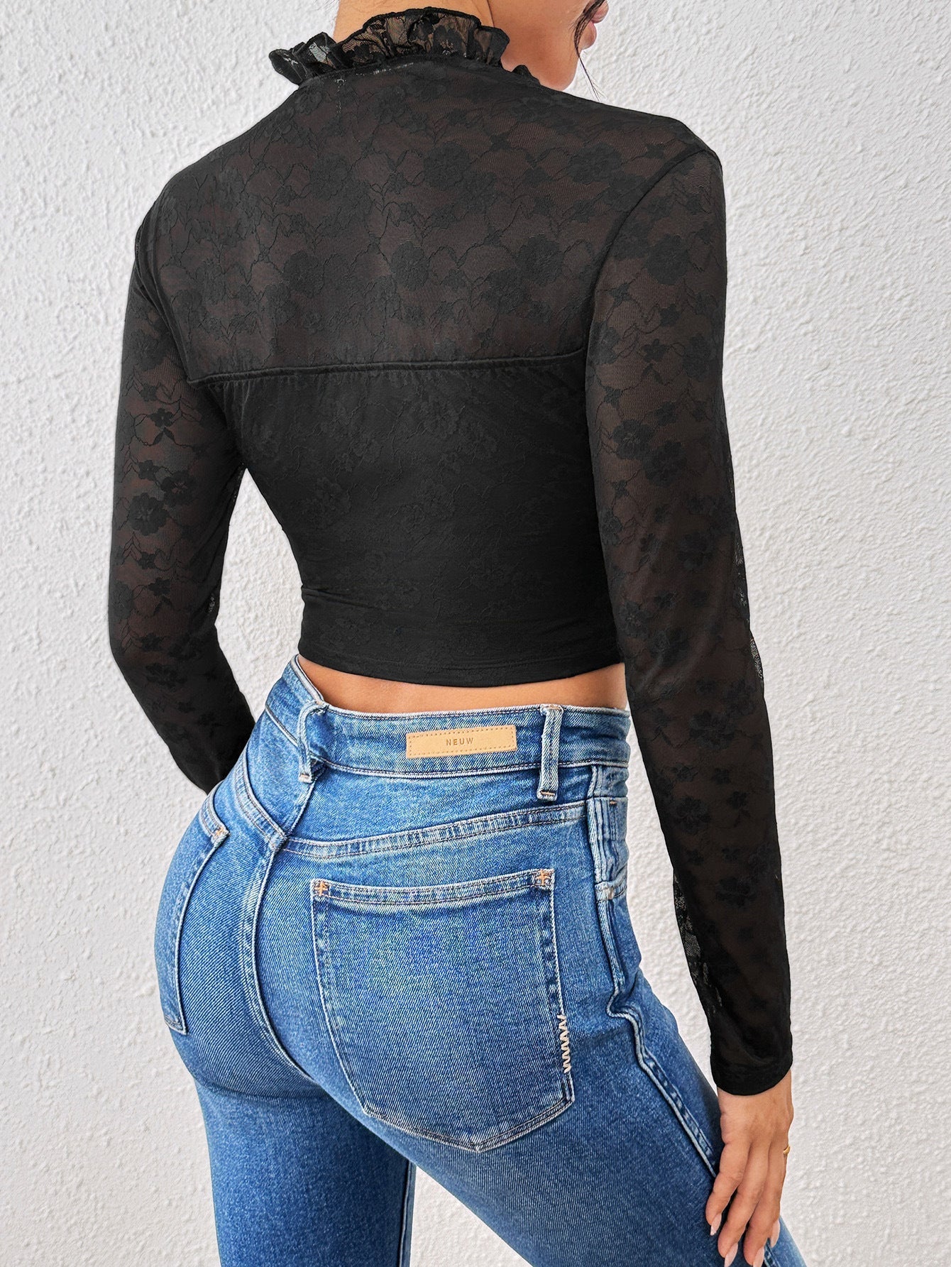 Elegant Black Lace Sheer Autumn Top For Women