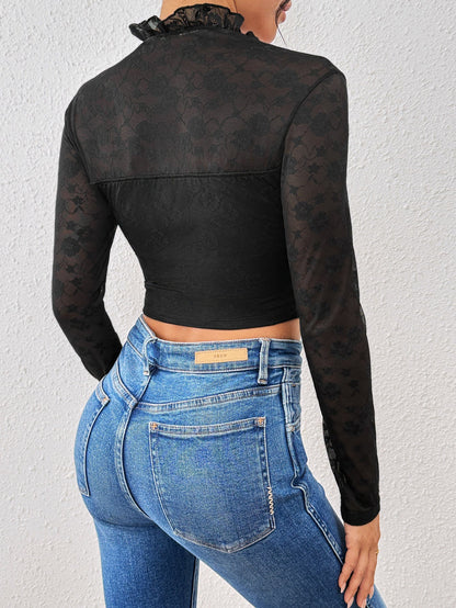 Elegant Black Lace Sheer Autumn Top For Women