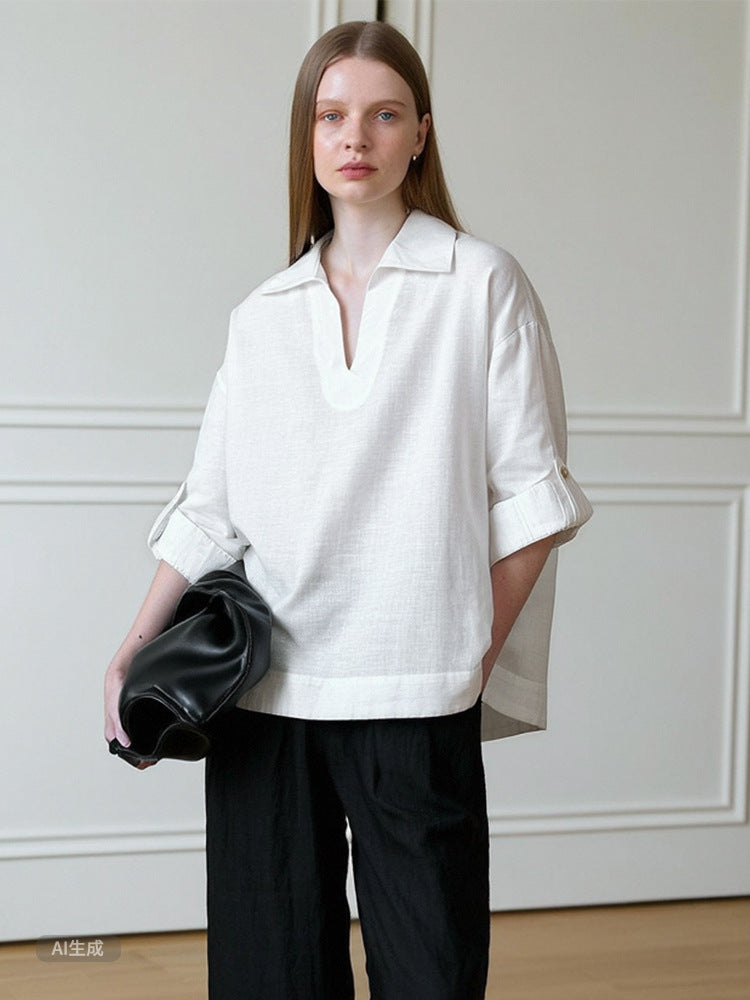 White V-Neck Long Sleeve Linen Shirt for Women
