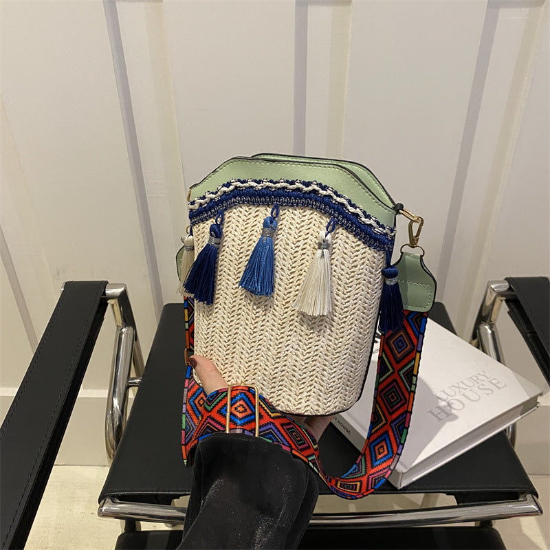 Ethnic Style Woven Bucket Bag Casual PU Crossbody Bag