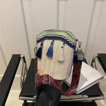 Ethnic Style Woven Bucket Bag Casual PU Crossbody Bag