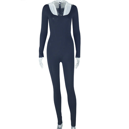 Sleek Elegant Women'S Jumpsuit With Zipper Long Sleeve White U-Neck