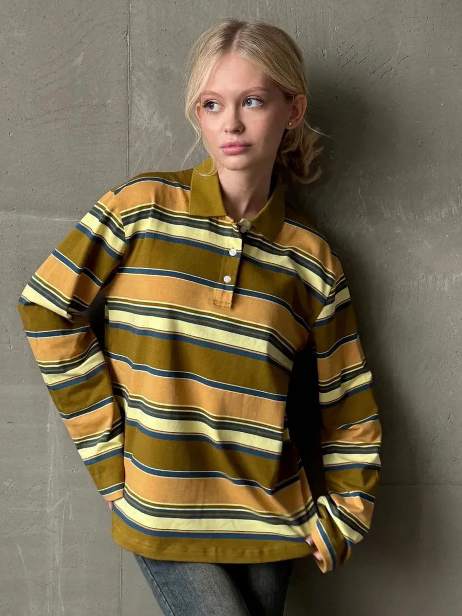 Striped Polo Shirt for Women Loose Fit Retro Style