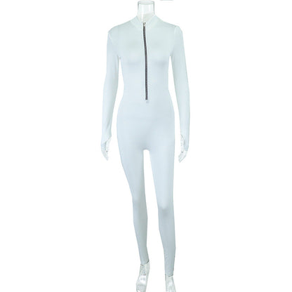 Casual Zipper Neck Long Sleeve Bodysuit High Stretch Slim Fit