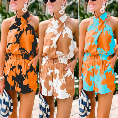 Floral Print Backless Top & Pocket Shorts Set