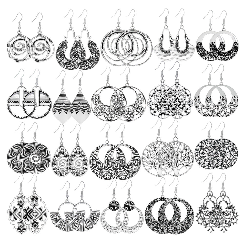 Geometric Cut-Out Vintage Metal Earrings Stylish Silver Jewelry
