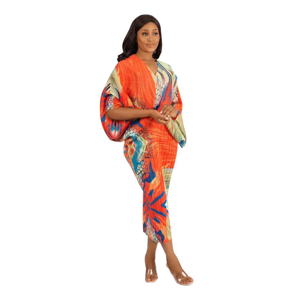 Fashion Batwing Sleeve Printed V-Neck Dress