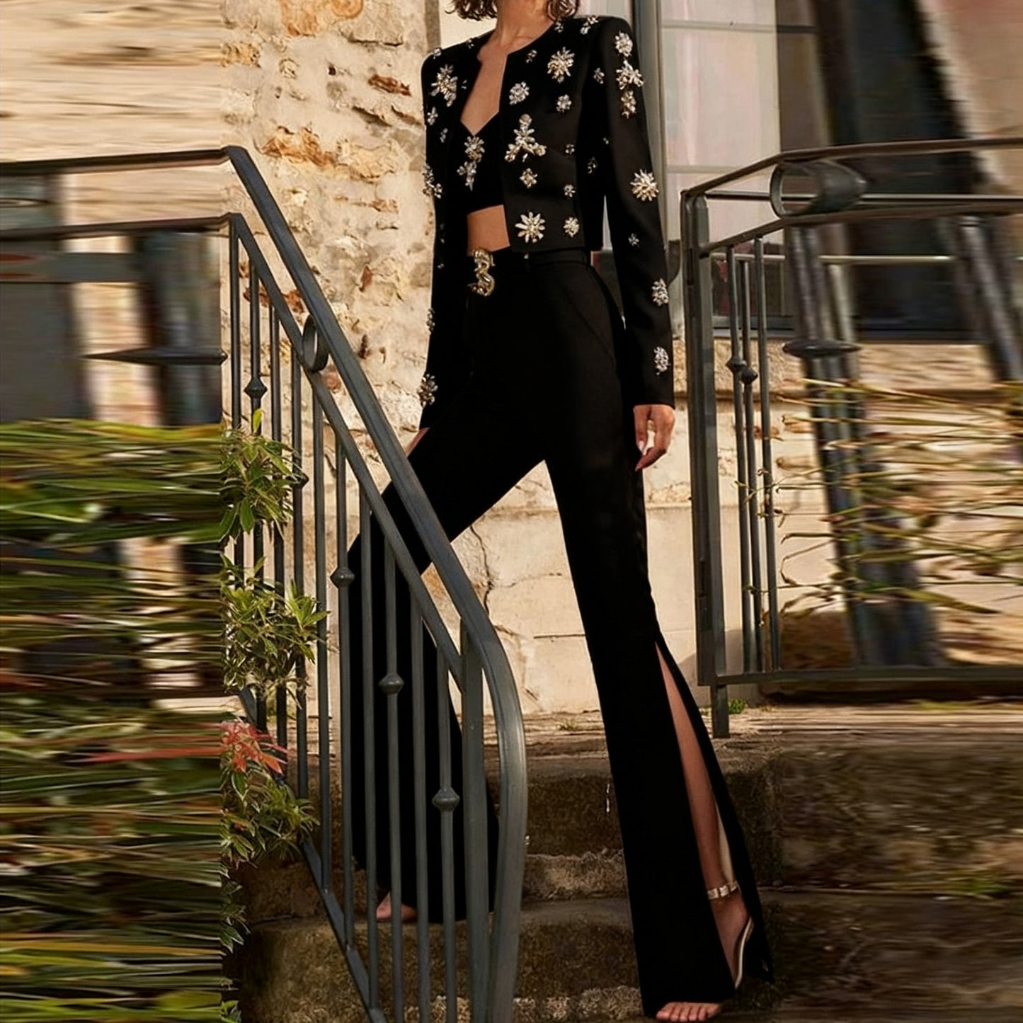 Trendy Casual Beaded Jacket And Flared Pants Set