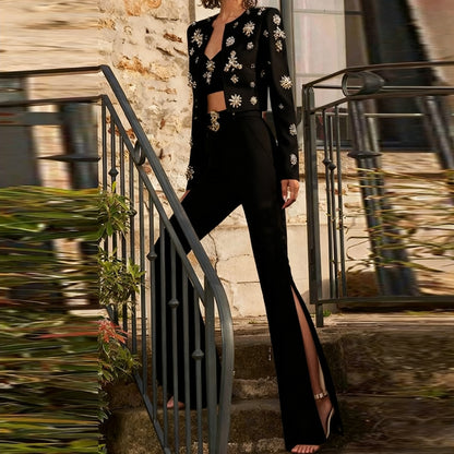 Trendy Casual Beaded Jacket And Flared Pants Set