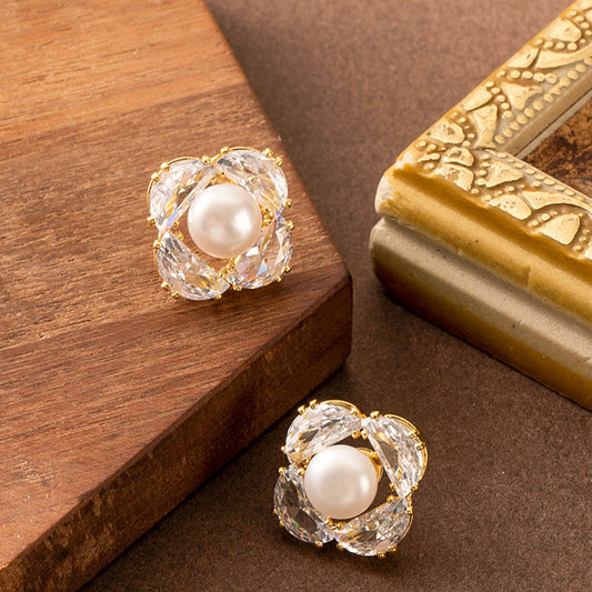 Elegant Floral Pearl Stud Earrings With Zirconium Accents