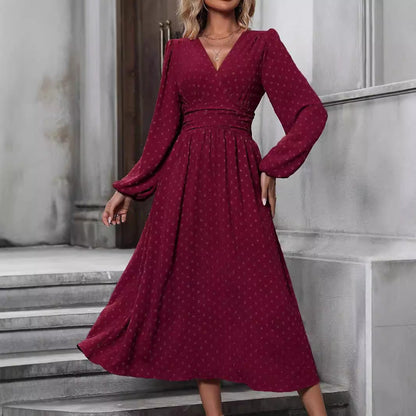 Autumn And Winter New Medium Hairball Diagonal Neck Lantern Sleeve Pleated Waist Dress