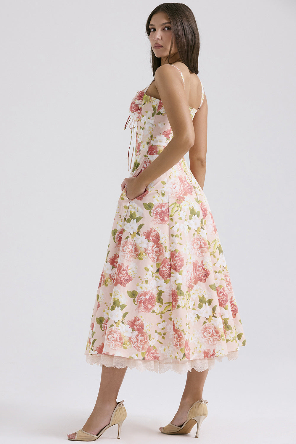 Slim Flower Print Lace Spaghetti Dress