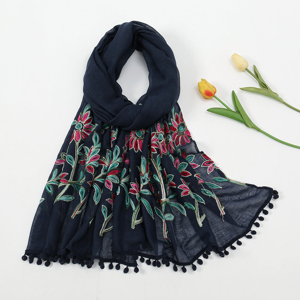 New Embroidered Furball Scarf, Cotton And Linen Shawl, Women'S Ethnic Style Retro Style, With Spring And Autumn Scarf