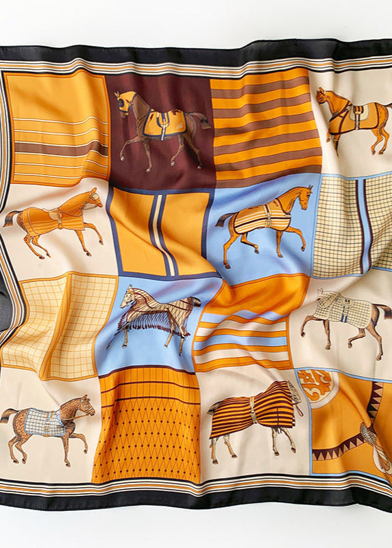 Satin Square Scarf With Vintage Horse Print