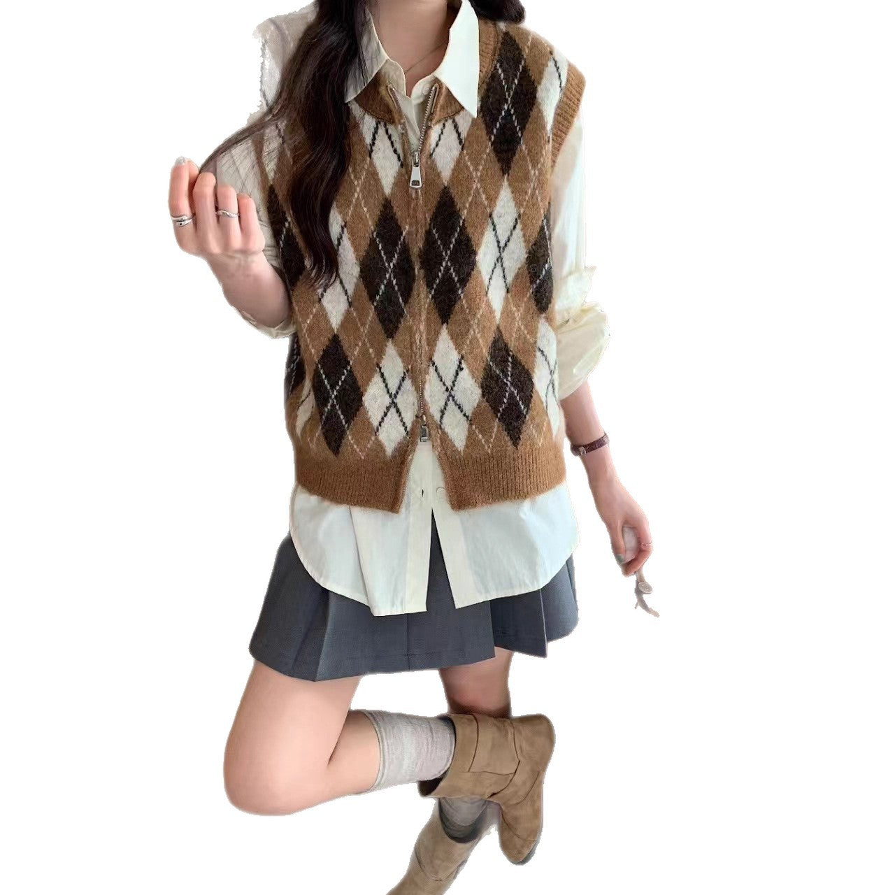 Diamond Knit Vest Cardigan Lightweight Polyester