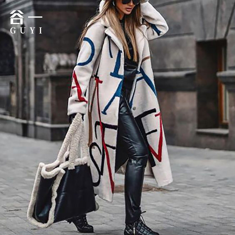 Coat Women'S Long Sleeve Lapel Letter Print Fashion Wool Thermal Coat