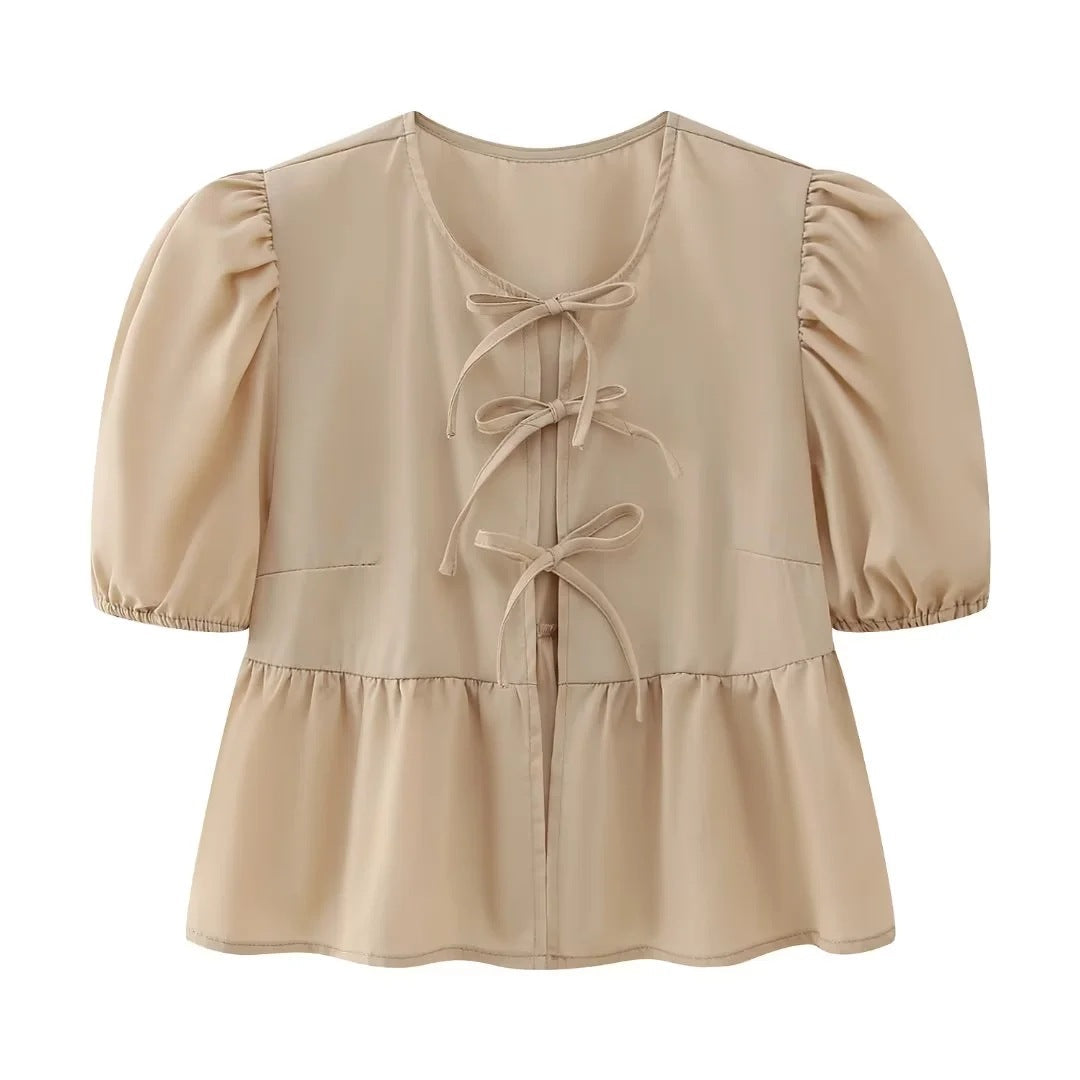 Cute Tie Front Round Neck Pullover Top