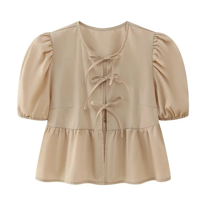 Cute Tie Front Round Neck Pullover Top
