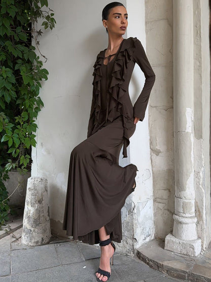 Fashion Ruffled Tie Waist Long Sleeve Dress in Coffee