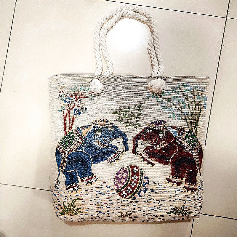 Double-Sided Ethnic Style Embroidery Bag Women'S Live Embroidery Peacock Elephant Canvas Bag