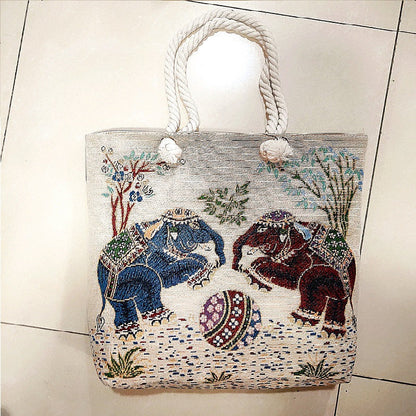 Double-Sided Ethnic Style Embroidery Bag Women'S Live Embroidery Peacock Elephant Canvas Bag