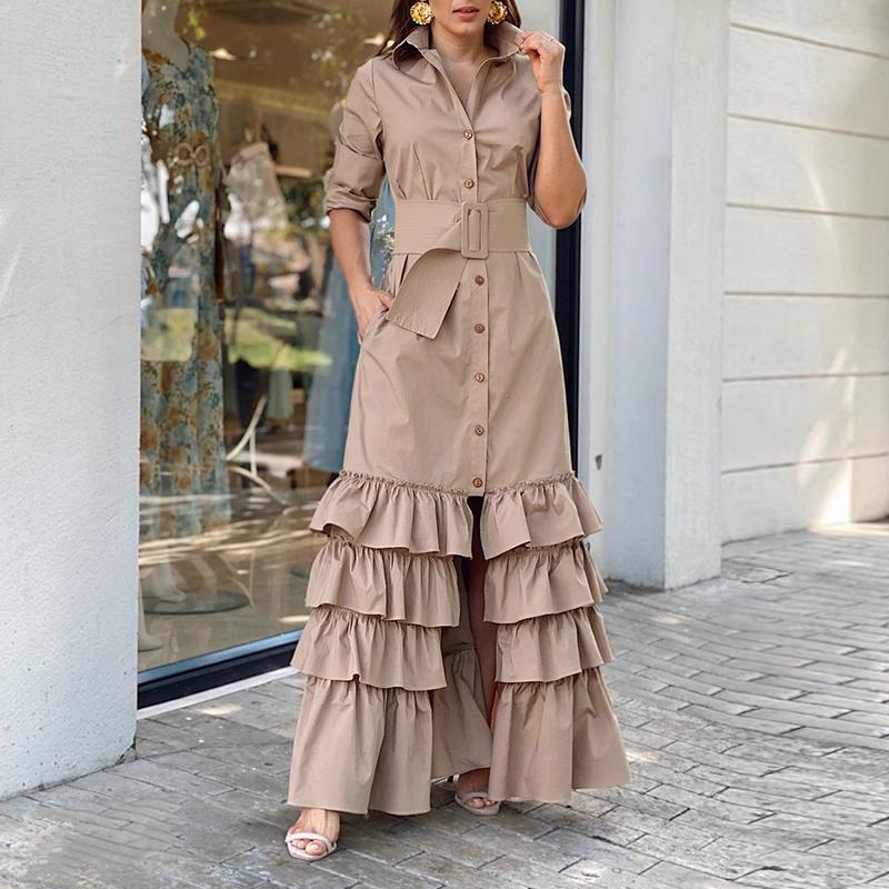 Long Solid Lapel Buttoned Belt Dress