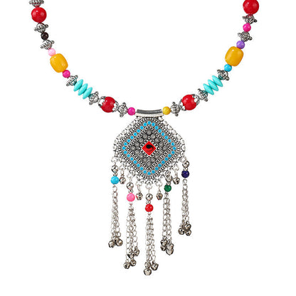Retro Ethnic Tibetan Necklace Bell Tassel Colored Beaded Collar Sweater Chain Accessories