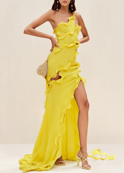 One Shoulder Ruffle Slit Chiffon Gown Yellow