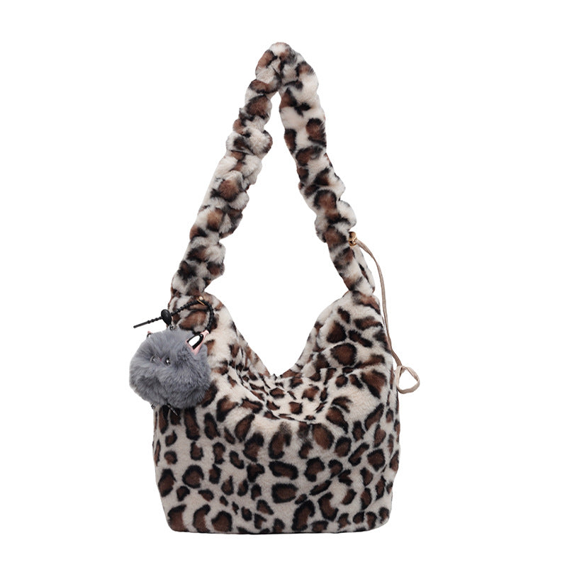 Trendy Leopard Print Plush Shoulder Bag