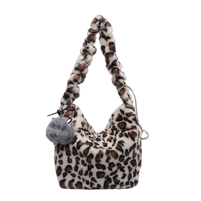 Trendy Leopard Print Plush Shoulder Bag