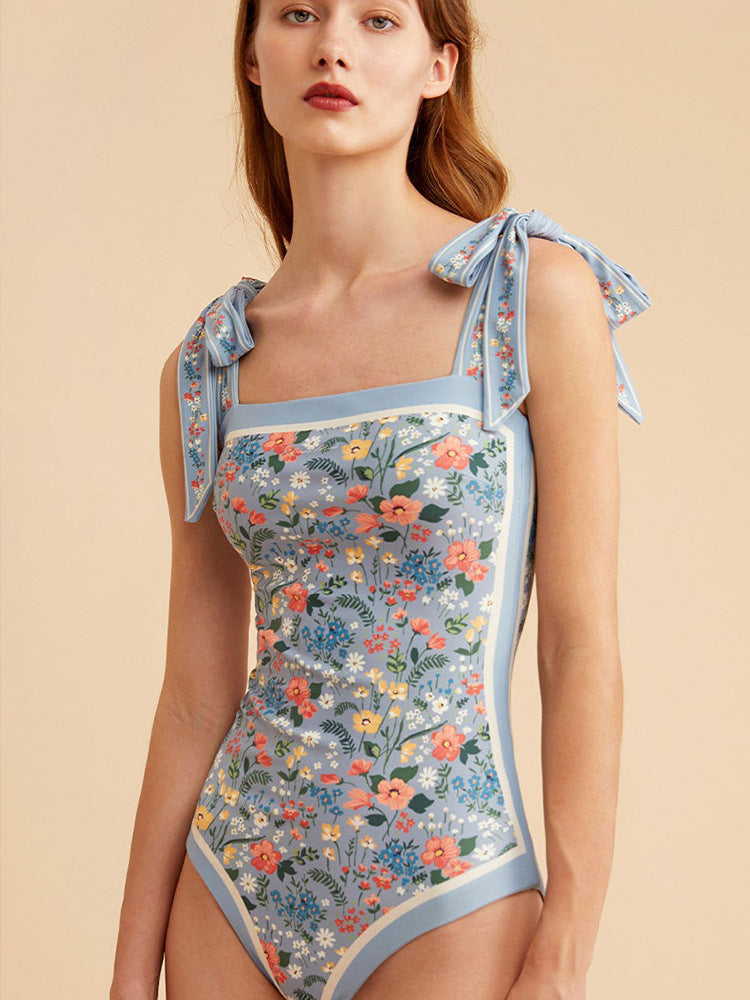 Double Fabric Vintage Print Swimsuit One-Piece Swimsuit Women