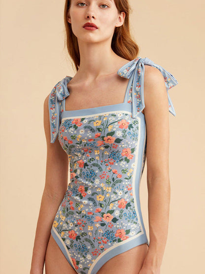 Double Fabric Vintage Print Swimsuit One-Piece Swimsuit Women