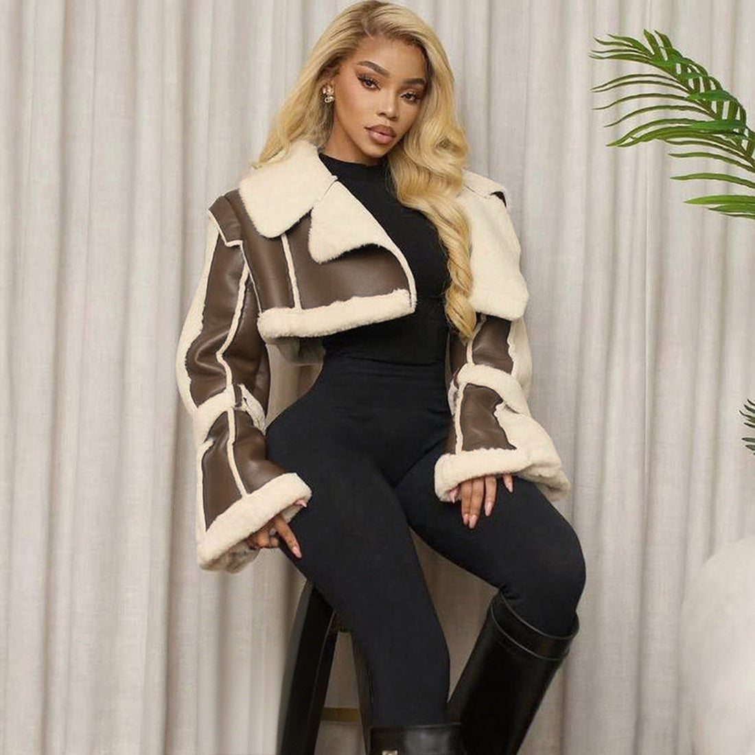 Trendy Cropped Pu Leather Jacket With Faux Fur Collar