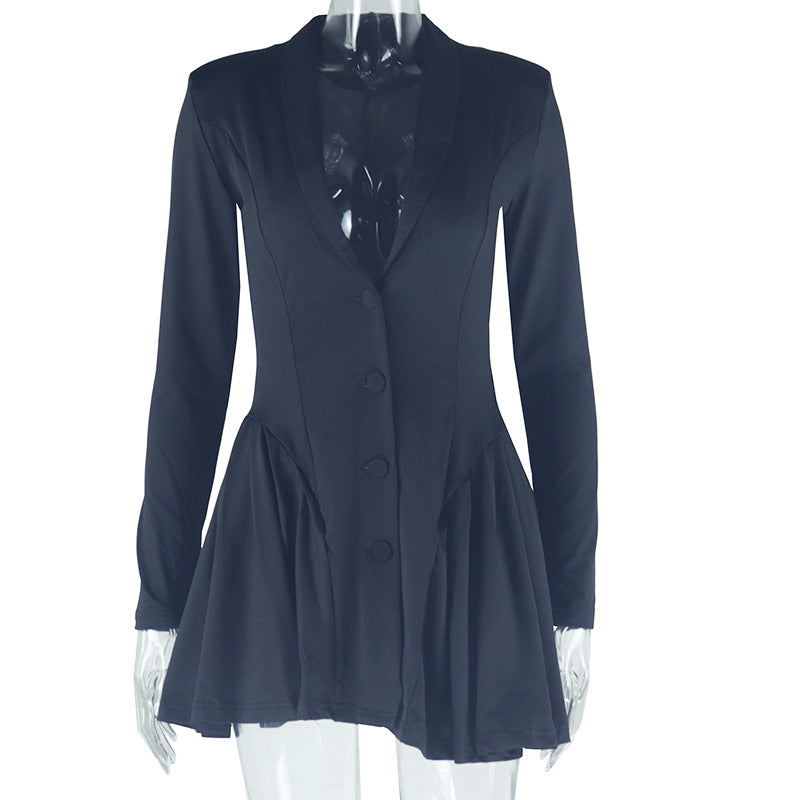 Button-Up Pleated Dress V-Neck Long Sleeve Casual Dress