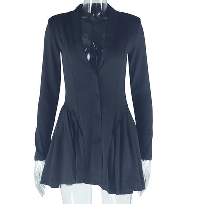 Button-Up Pleated Dress V-Neck Long Sleeve Casual Dress