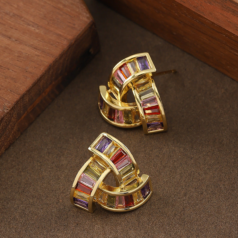 Fashionable Geometric Triangle Earrings With Colorful Zircon Stones
