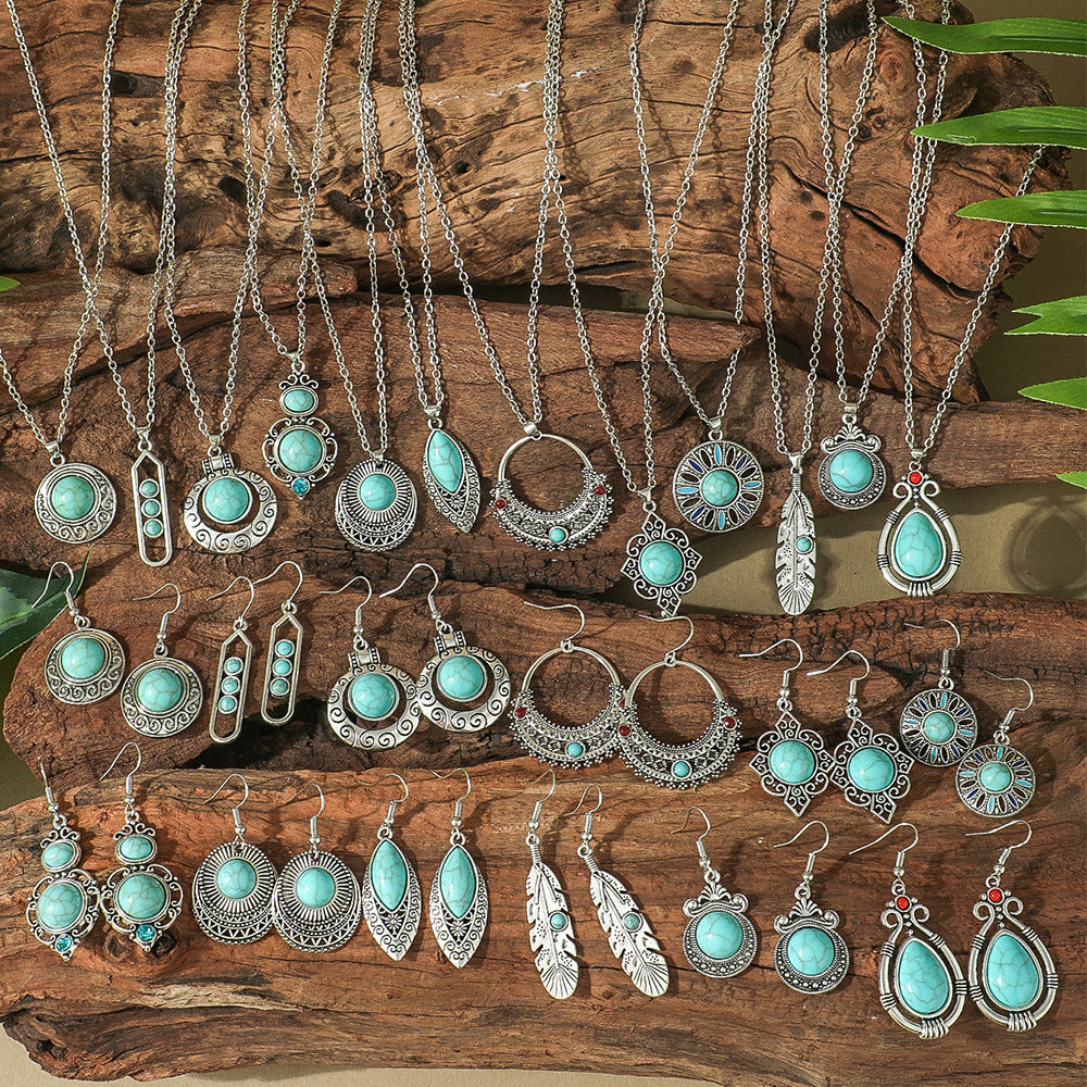Bohemian Geometric Earrings and Necklace Set with Turquoise Accents