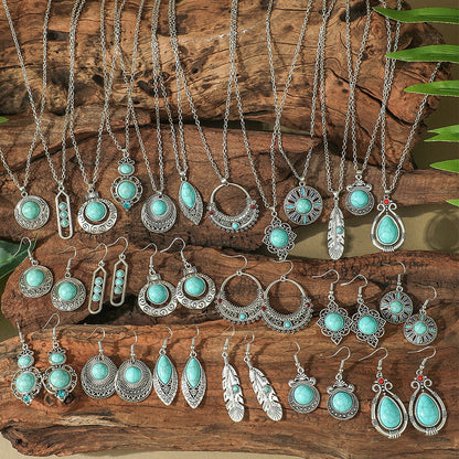Bohemian Geometric Earrings and Necklace Set with Turquoise Accents