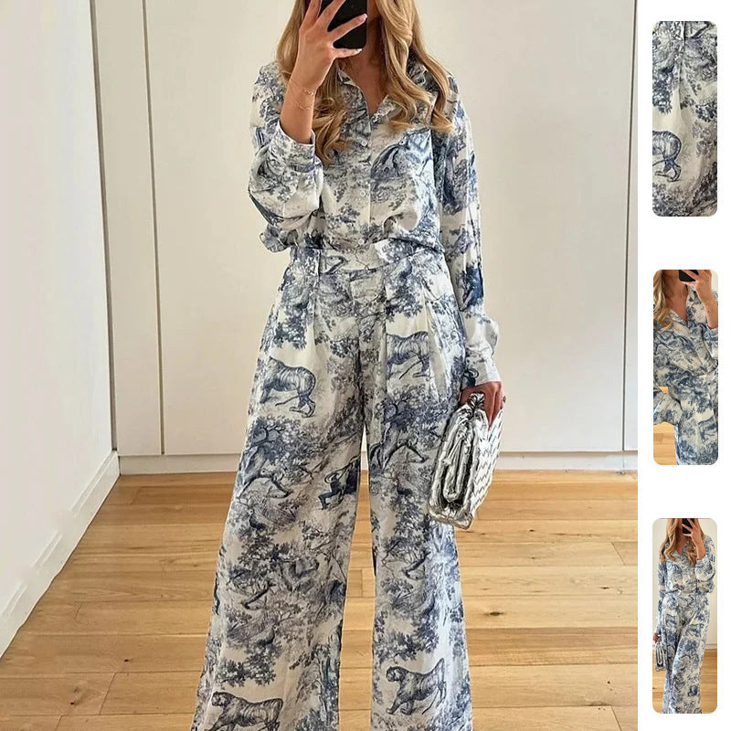 Flower Print Long Sleeve Shirt And Pants Casual Set
