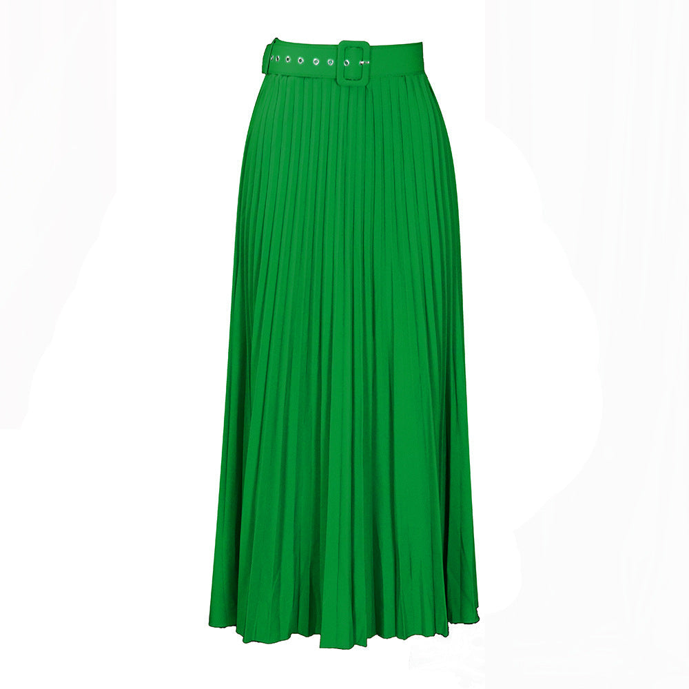High Waist A-Line Midi Skirt With Belt In Solid Colors