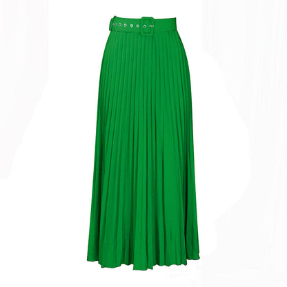 High Waist A-Line Midi Skirt With Belt In Solid Colors
