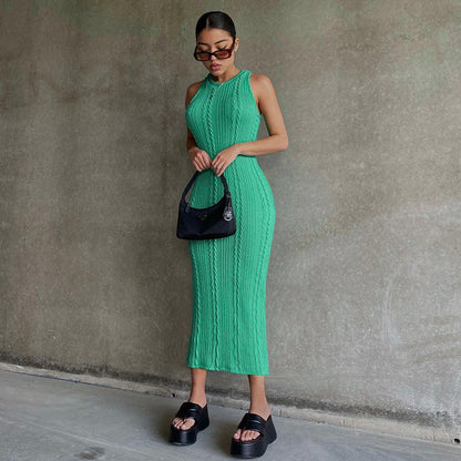 Casual Sleeveless Knitted Dress with Round Neck in Sky Blue