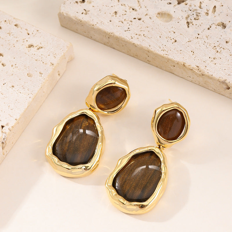 Vintage Irregular Oval Resin Drop Earrings For Women Stylish Elegant Silver Needle