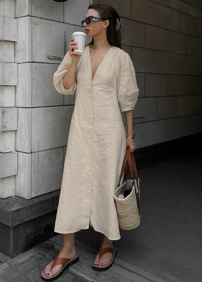 Linen Button Down Midi Dress With Puff Sleeves