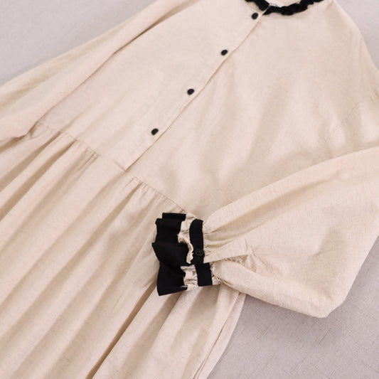 Gathered Neck Long Sleeve Cotton-Linen Maxi Dress